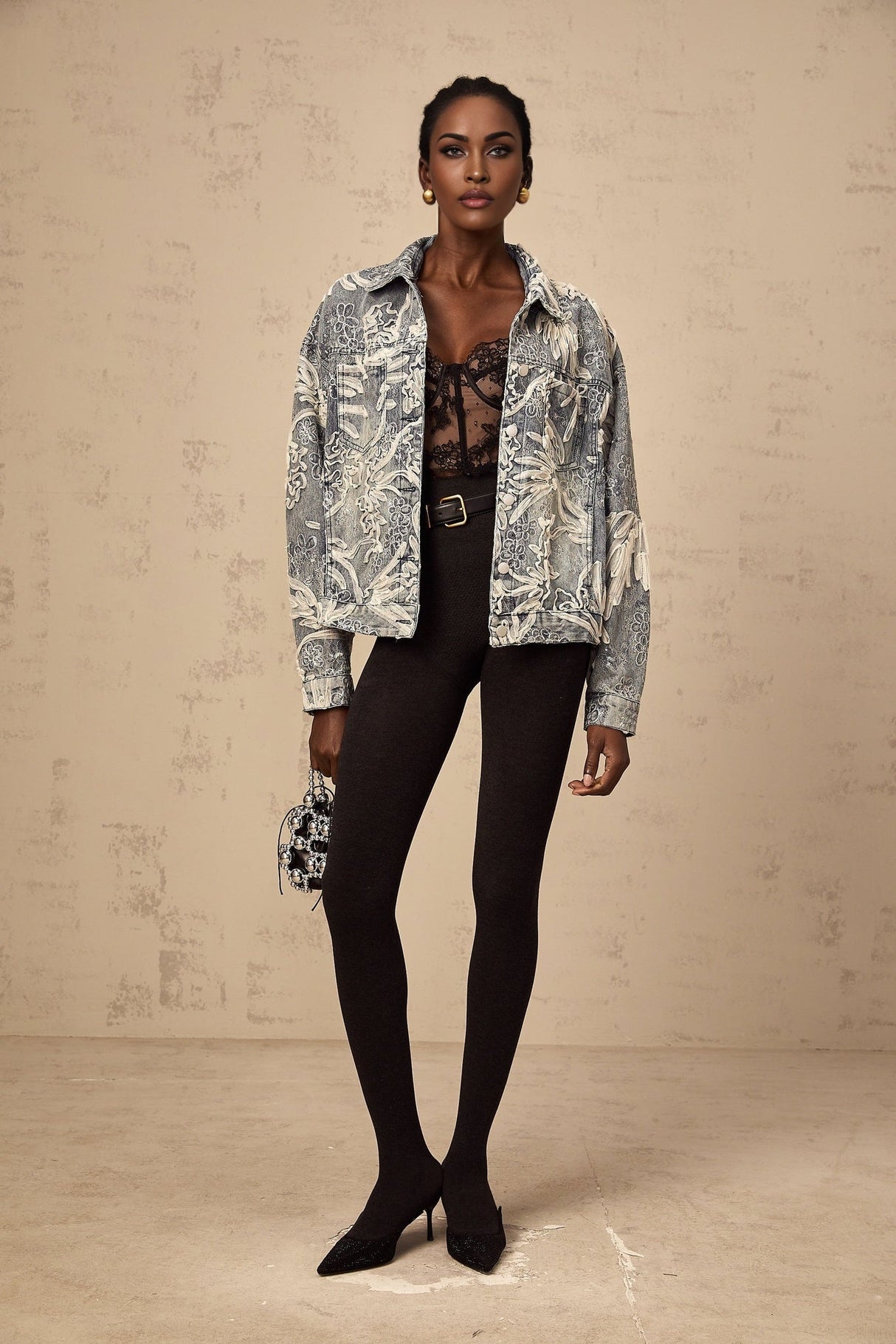 Julia Denim Jacket - Notched Lapels - Flower Embroidery - Rhinestone & Sequin Embellishments - Buttoned Cuffs & Front