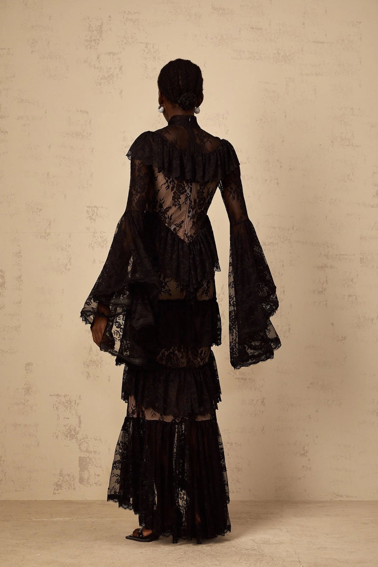 Julia Maxi Dress Black Floral Lace Ruffles Long Sleeves Cinched Waist & Zip Fastening