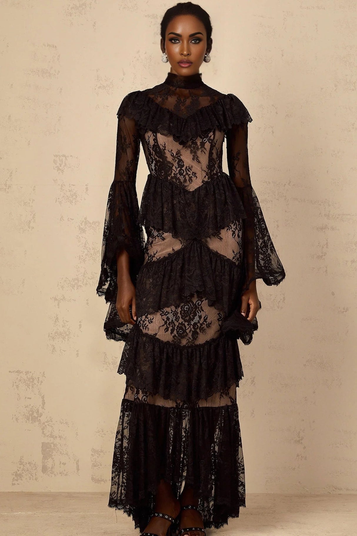 Julia Maxi Dress Black Floral Lace Ruffles Long Sleeves Cinched Waist & Zip Fastening