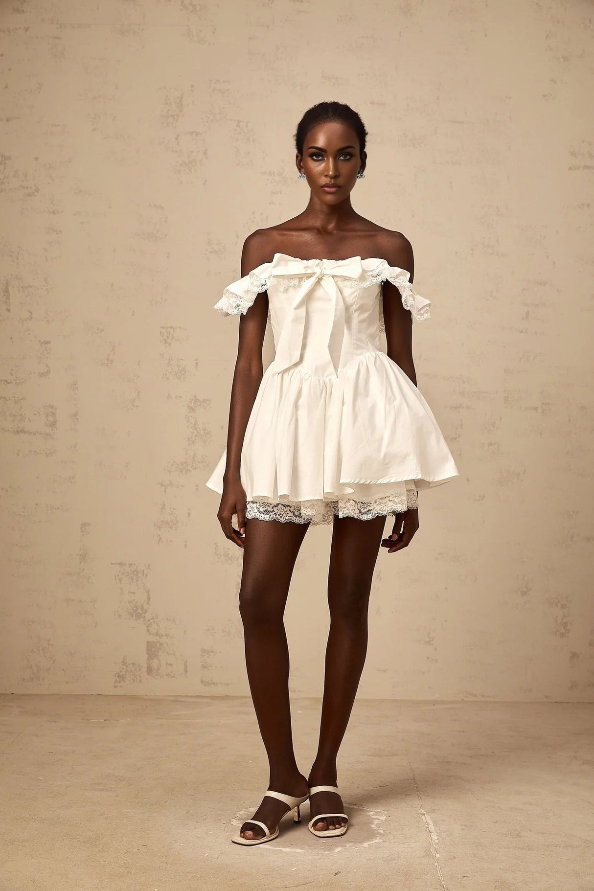 Julia Mini Dress White Ruffled Bow Detailing Off - Shoulder Pleated Thigh - Length