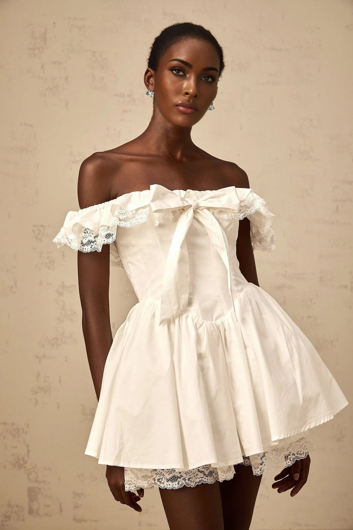 Julia Mini Dress White Ruffled Bow Detailing Off - Shoulder Pleated Thigh - Length