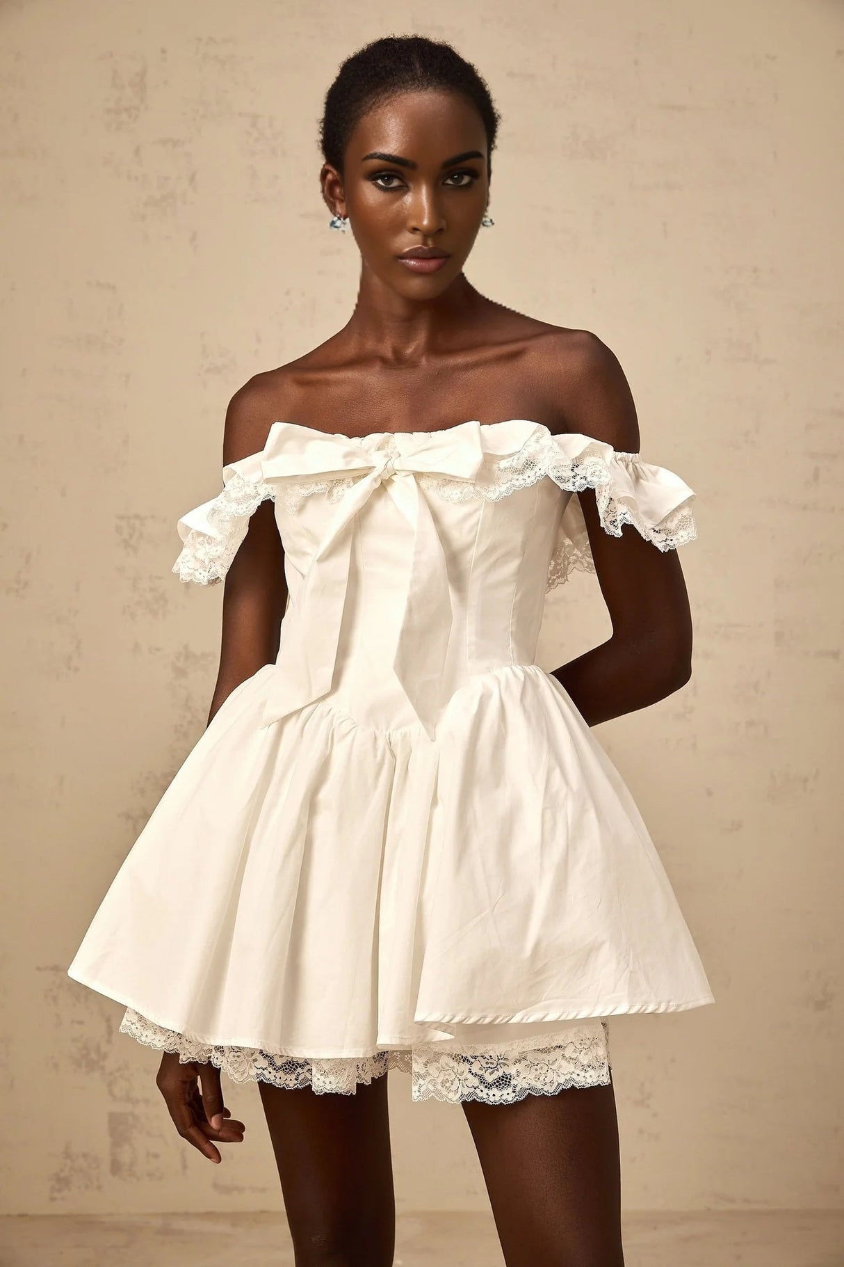 Julia Mini Dress White Ruffled Bow Detailing Off - Shoulder Pleated Thigh - Length