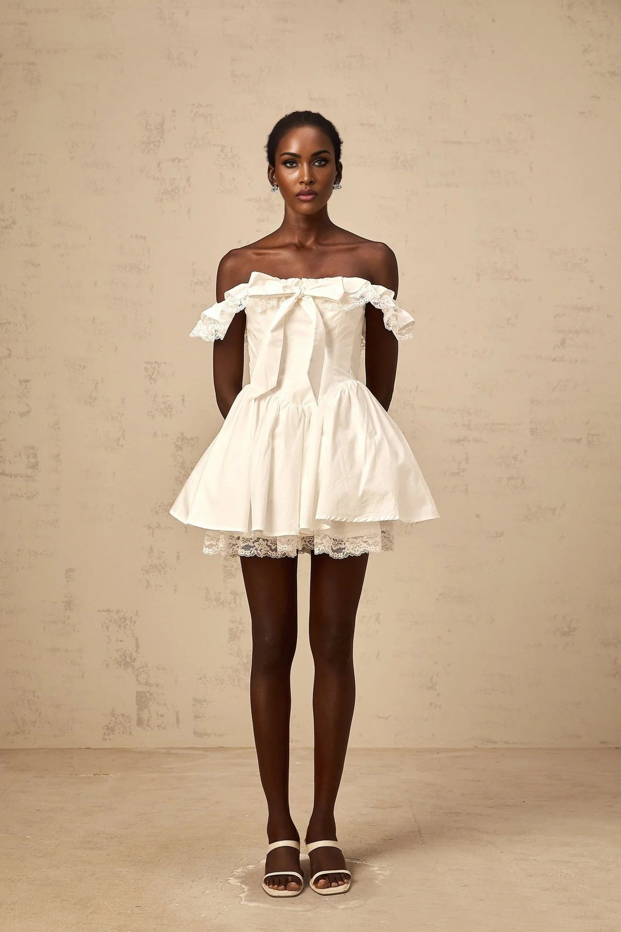 Julia Mini Dress White Ruffled Bow Detailing Off - Shoulder Pleated Thigh - Length