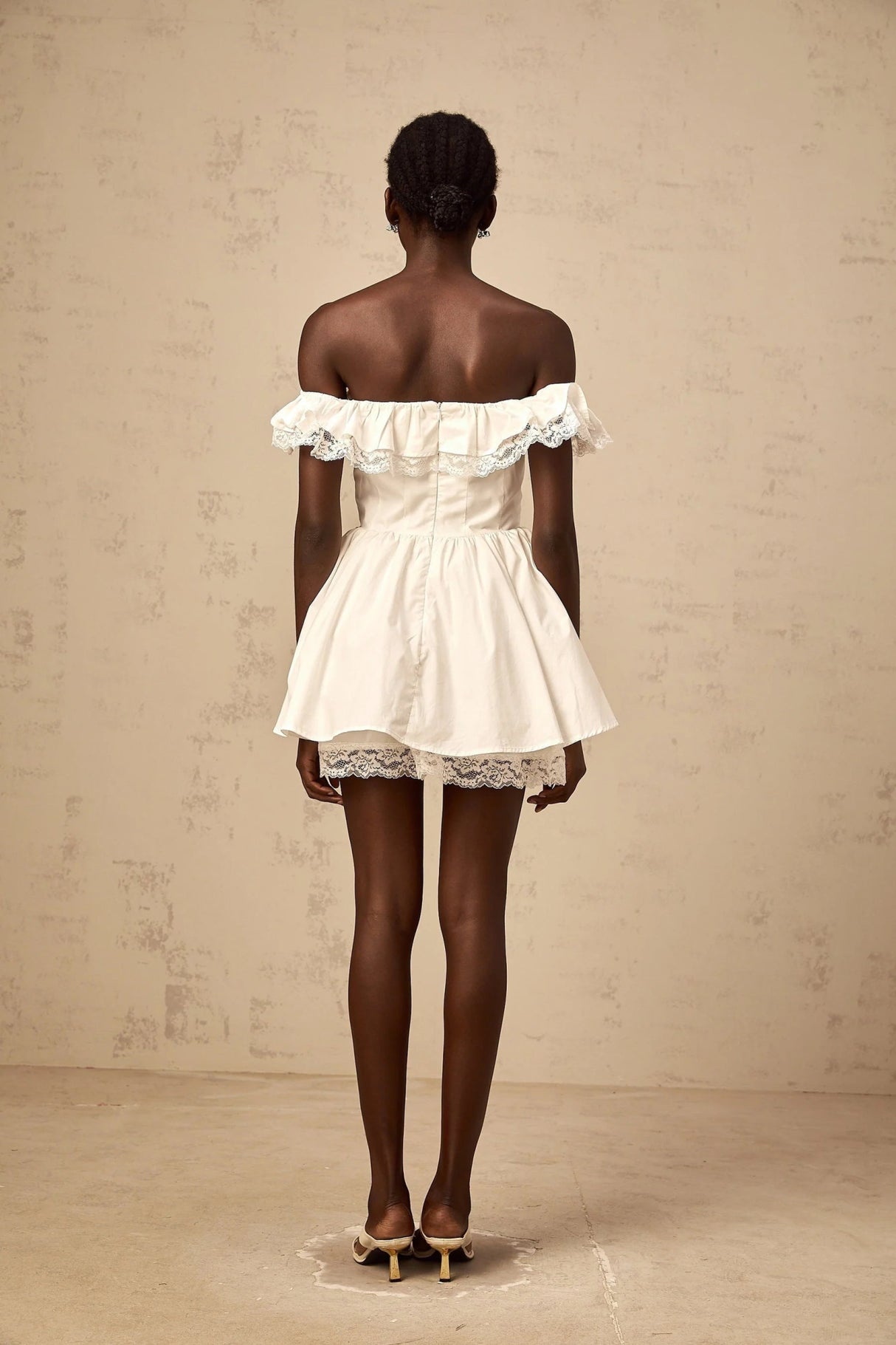 Julia Mini Dress White Ruffled Bow Detailing Off - Shoulder Pleated Thigh - Length