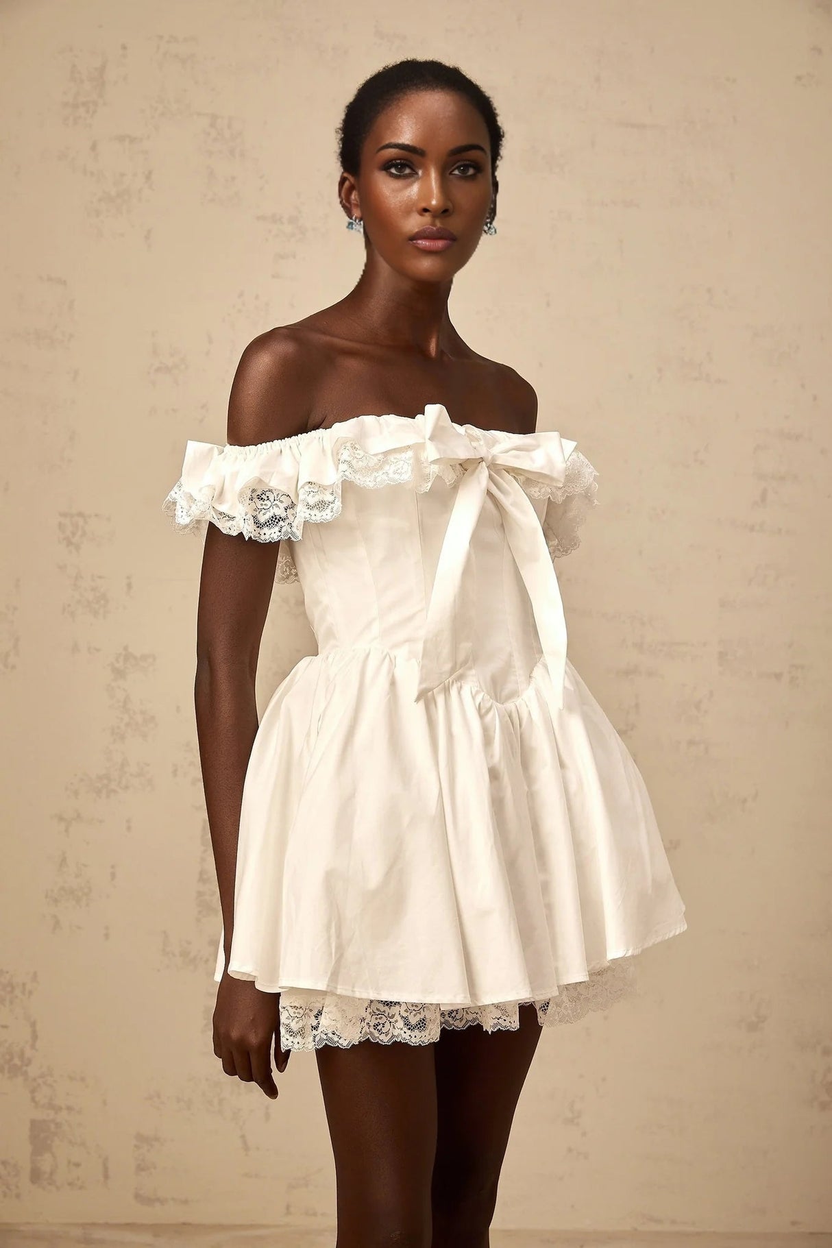 Julia Mini Dress White Ruffled Bow Detailing Off - Shoulder Pleated Thigh - Length