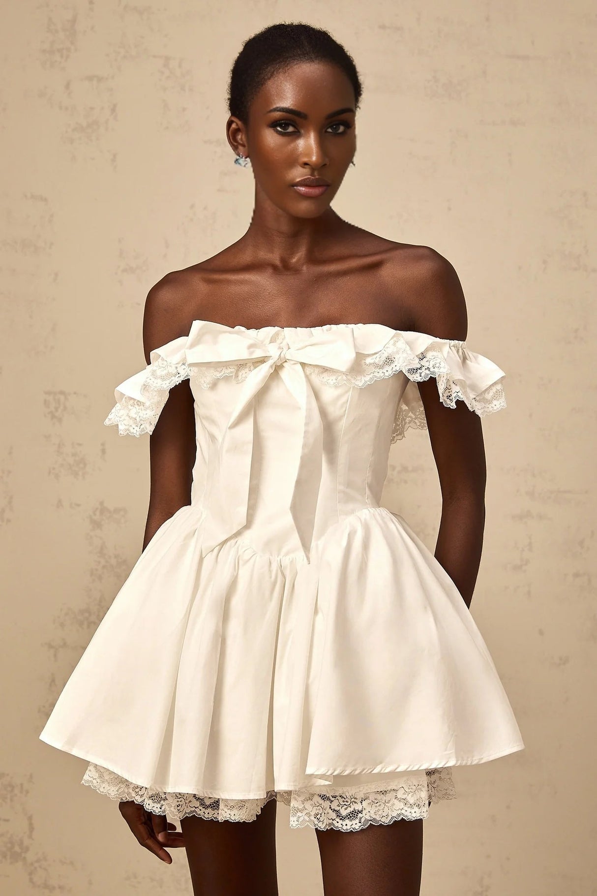 Julia Mini Dress White Ruffled Bow Detailing Off - Shoulder Pleated Thigh - Length