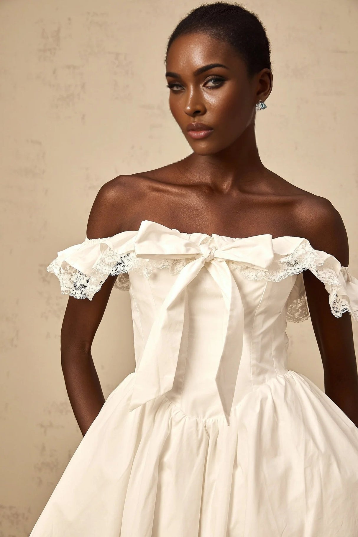 Julia Mini Dress White Ruffled Bow Detailing Off - Shoulder Pleated Thigh - Length