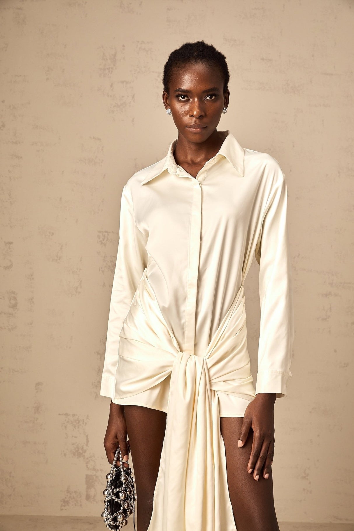 Julia Mini Dress White Satin Ribbon Ruched Thigh Length