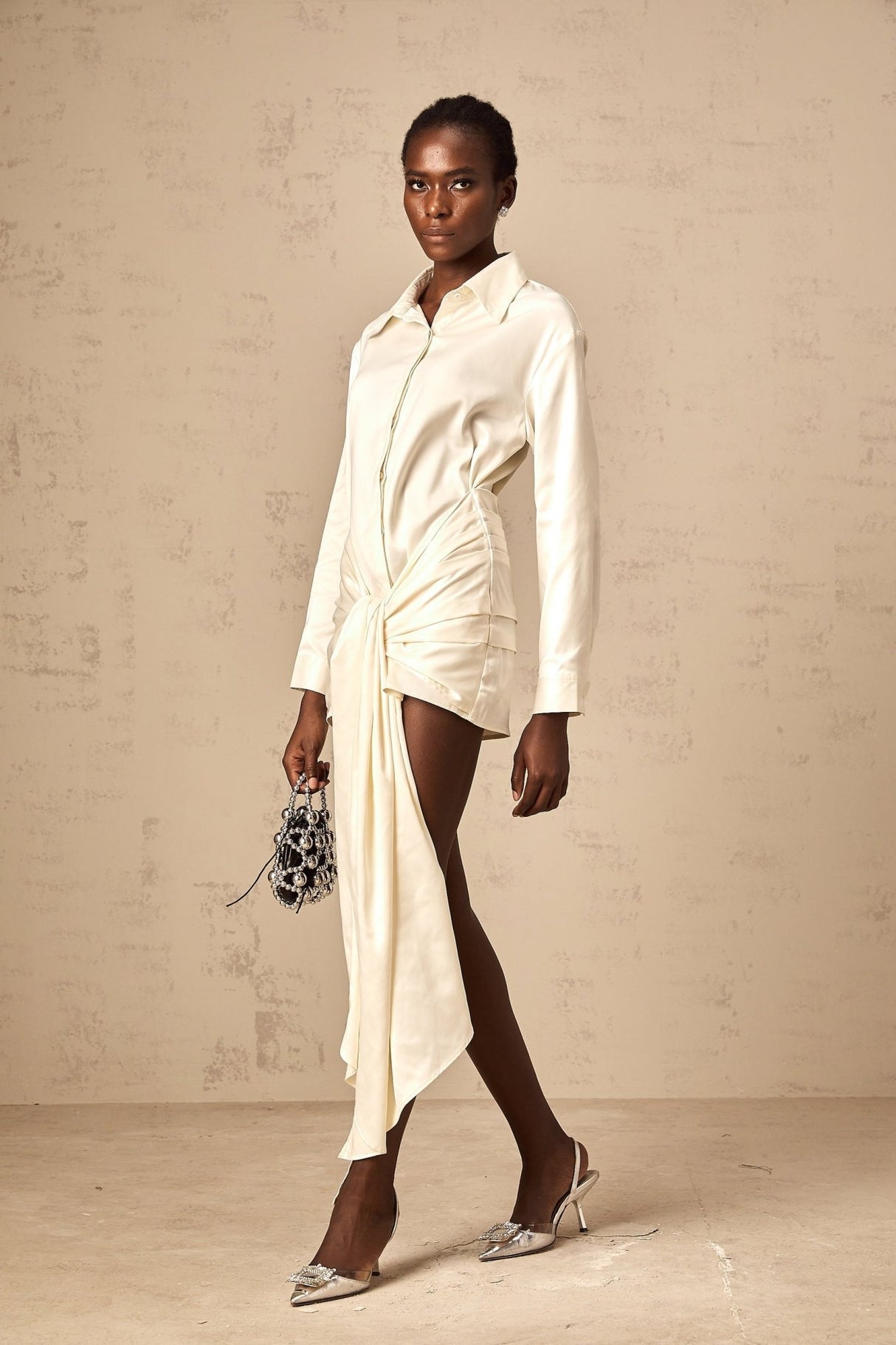 Julia Mini Dress White Satin Ribbon Ruched Thigh Length