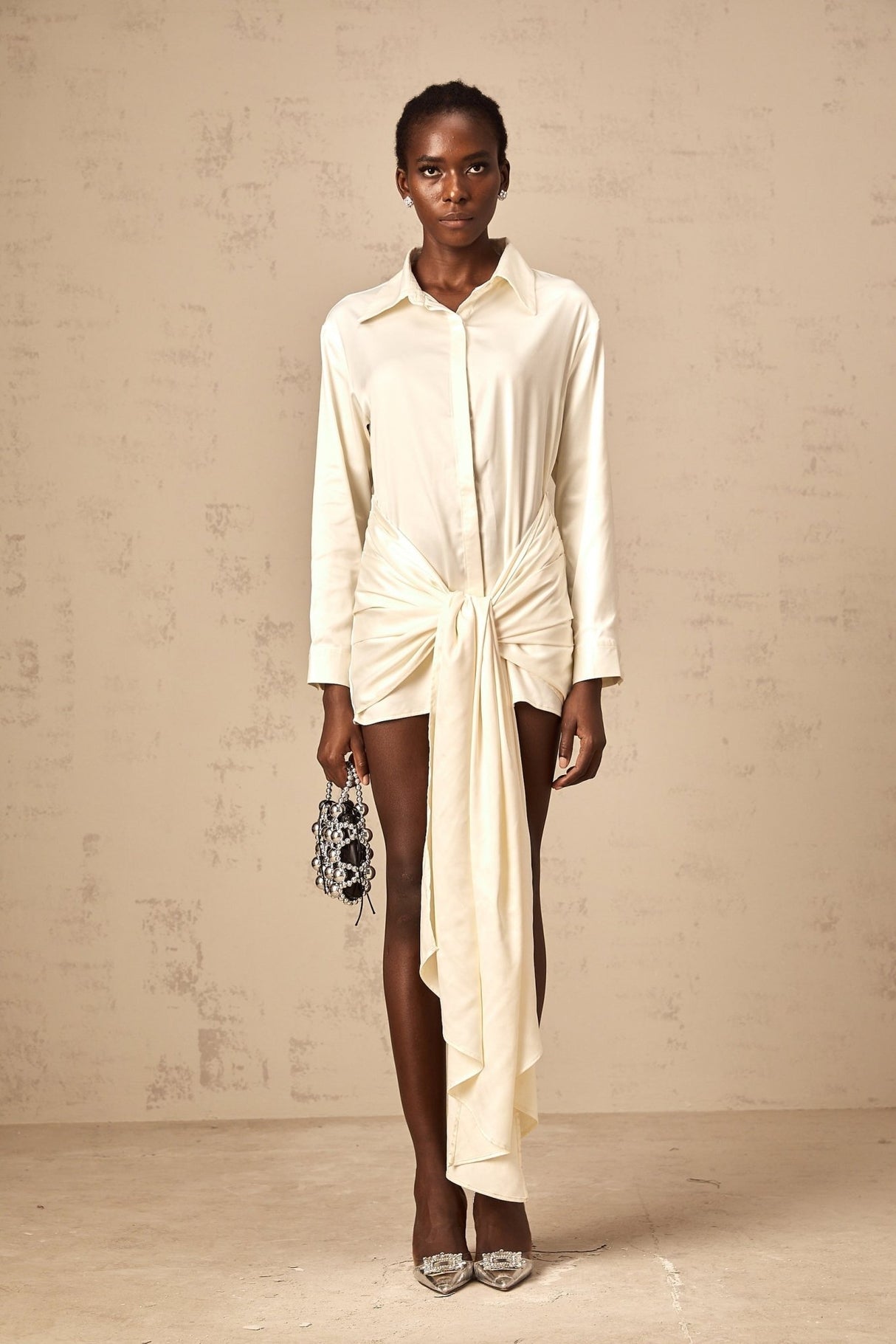 Julia Mini Dress White Satin Ribbon Ruched Thigh Length