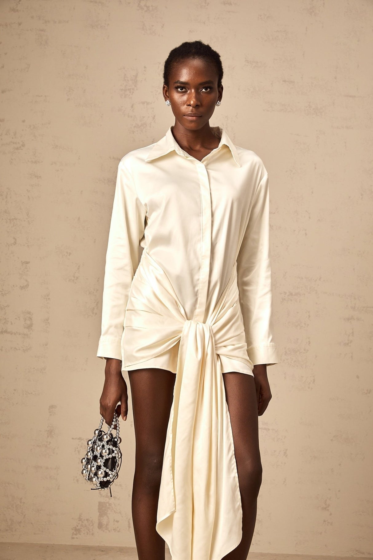 Julia Mini Dress White Satin Ribbon Ruched Thigh Length