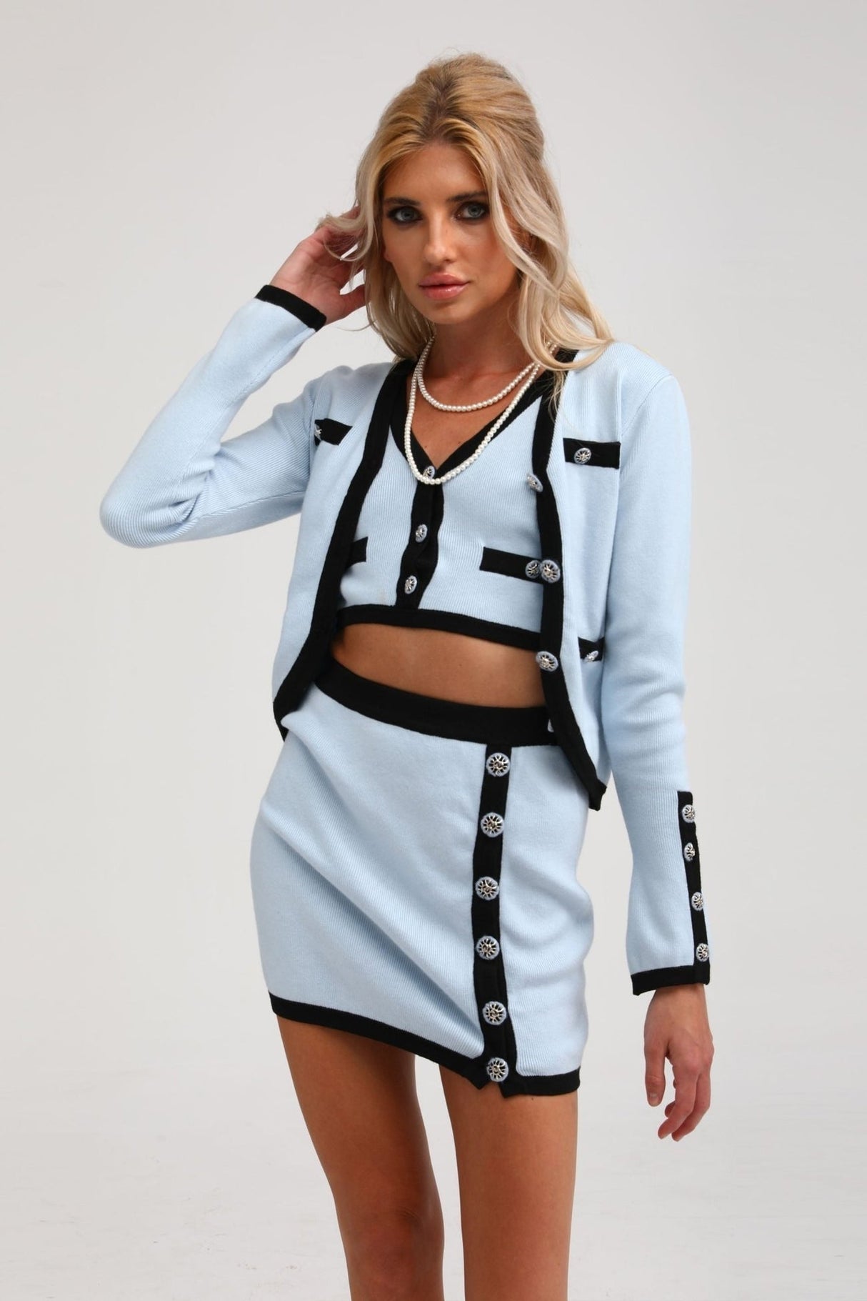 Julia Skirt & Top Set in Blue Long Sleeve Button Detail Matching