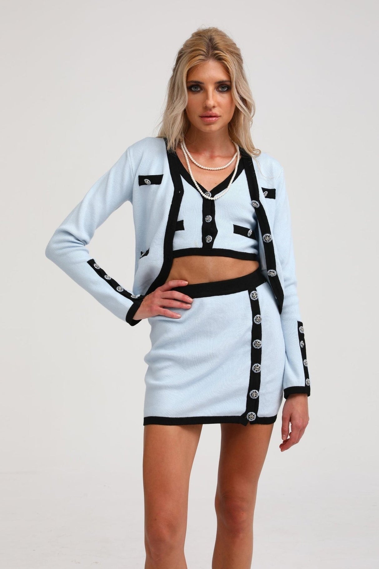 Julia Skirt & Top Set - Knitted Construction - Contrast Colors - Panelled Design - Front Button Detailing