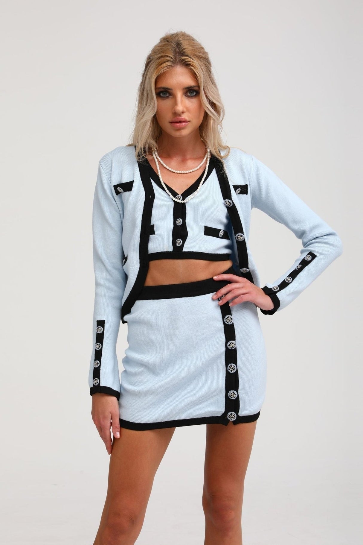 Julia Skirt & Top Set - Knitted Construction - Contrast Colors - Panelled Design - Front Button Detailing