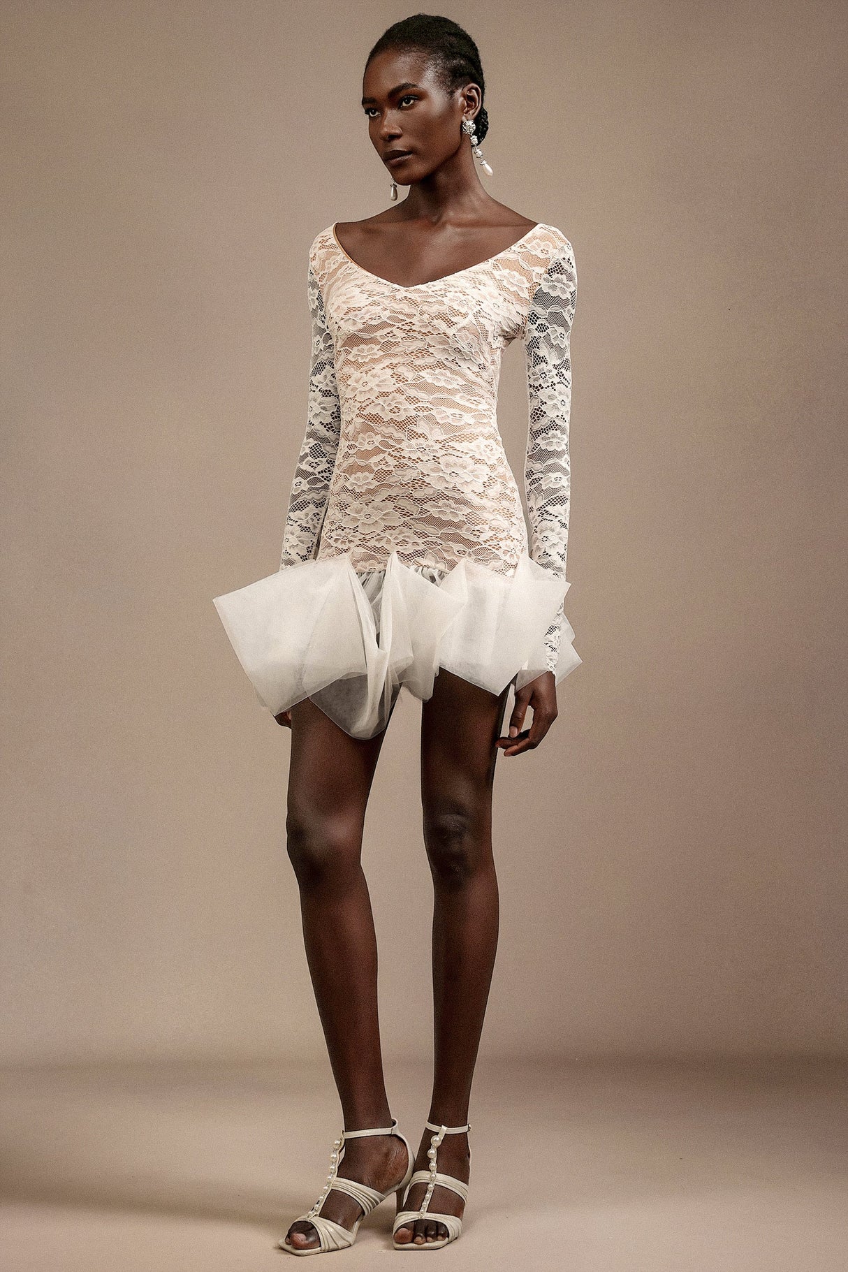 Julia White Lace V-Neckline Long Sleeve Mini Dress
