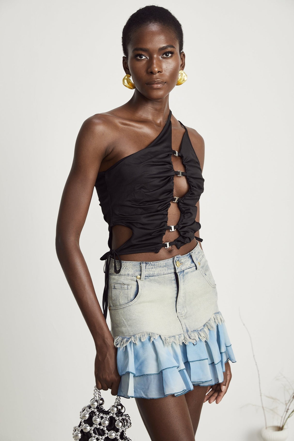 Juliana Denim Mini Dress Fringed & Pleated