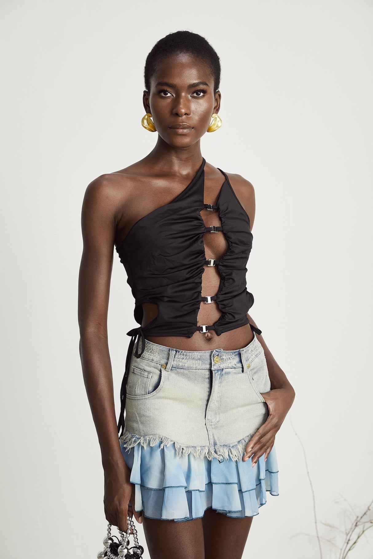 Juliana Denim Mini Dress Fringed & Pleated