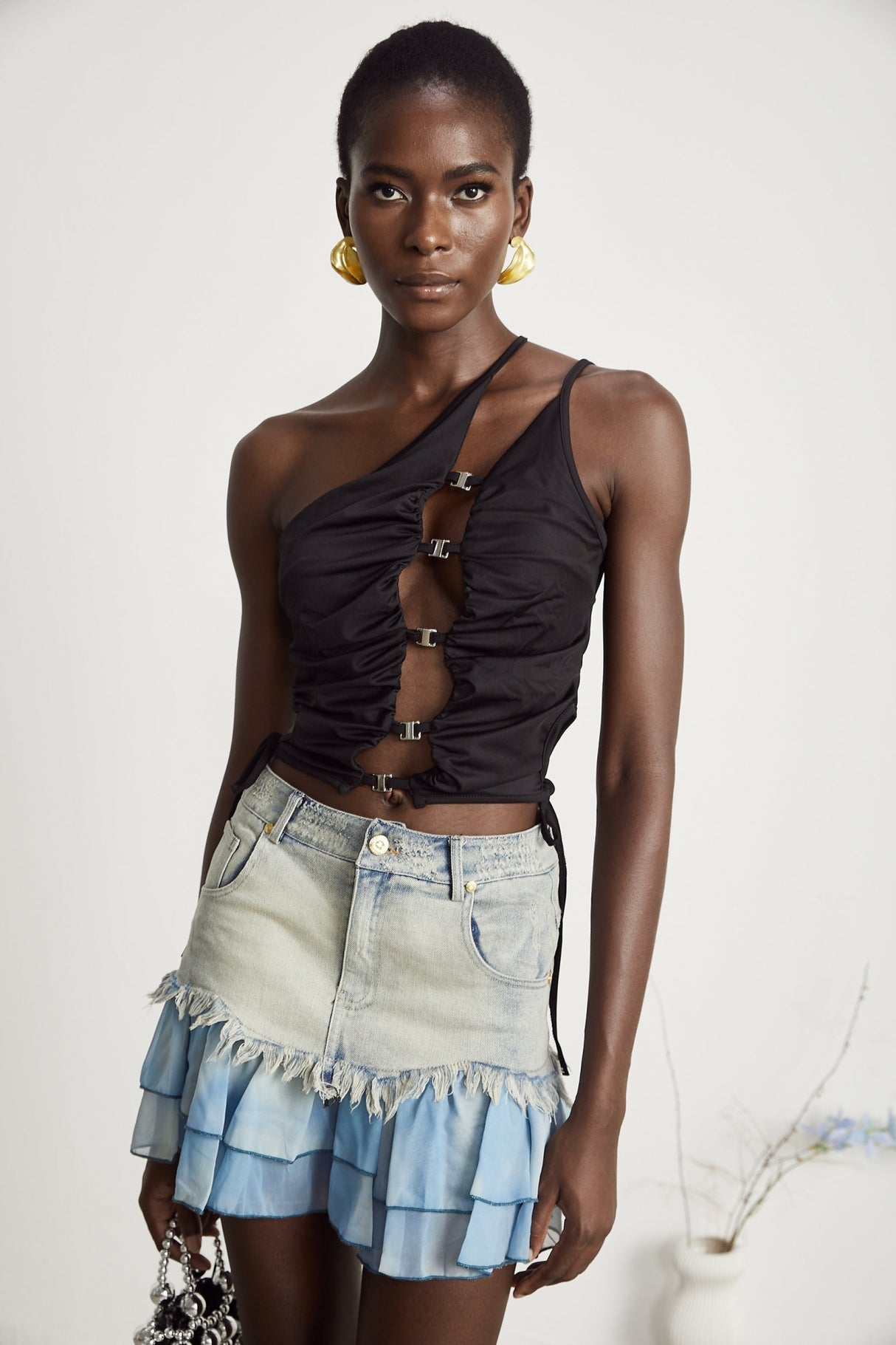 Juliana Denim Mini Dress Fringed & Pleated