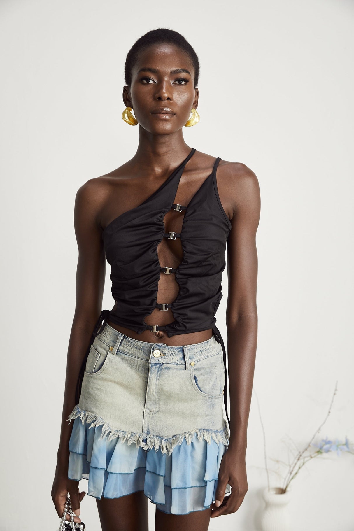 Juliana Denim Mini Dress Fringed & Pleated