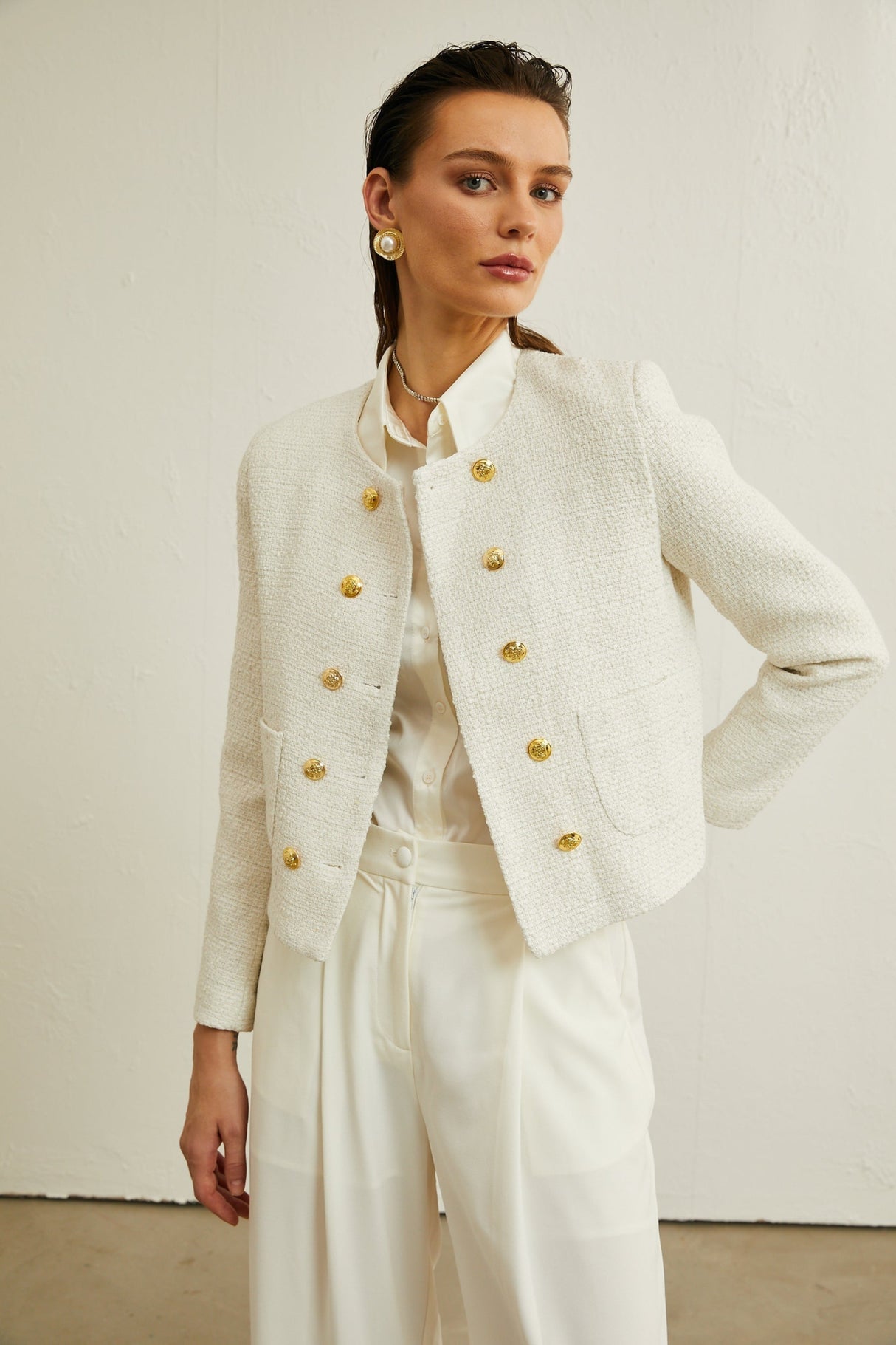 Juliana Jacket White Tweed Double Breasted Cropped