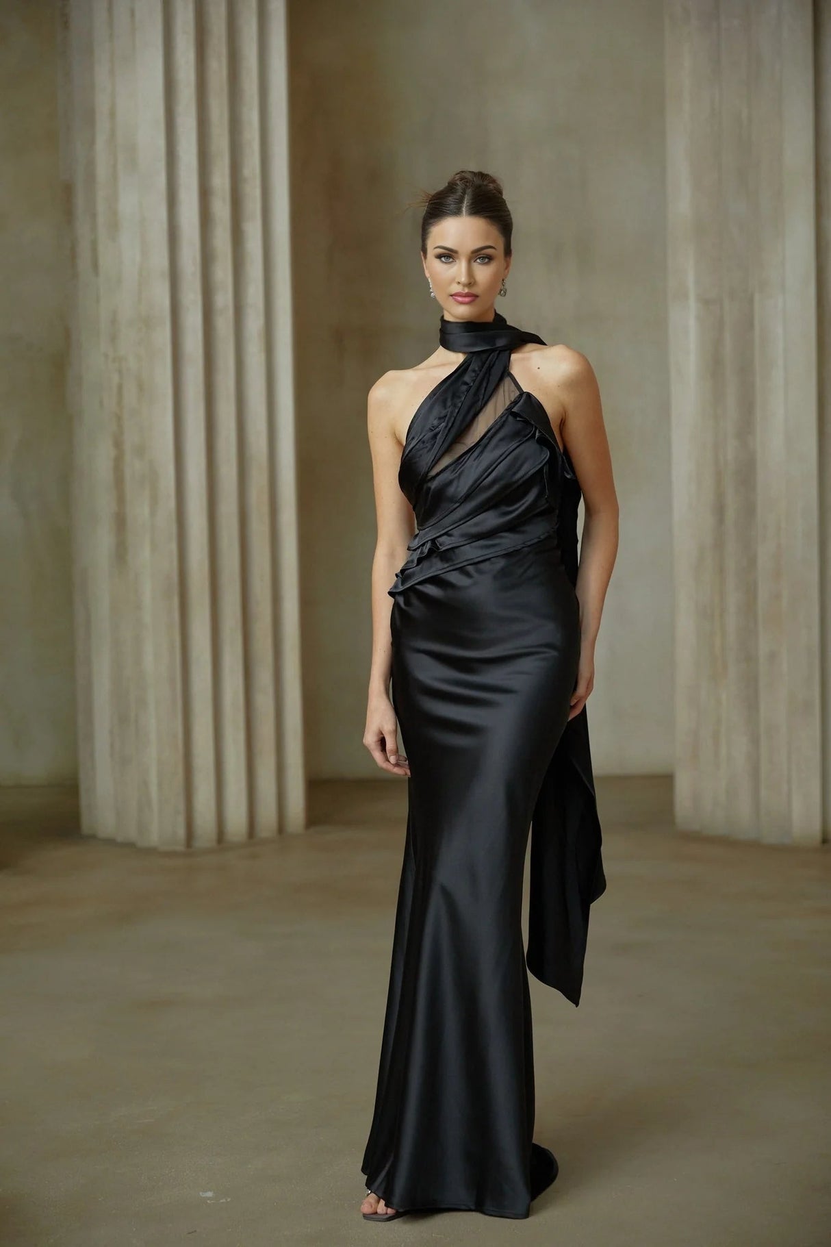 Juliana Maxi Dress - Black Ribbon Halter - neck Satin & Tulle Ruffle Trim