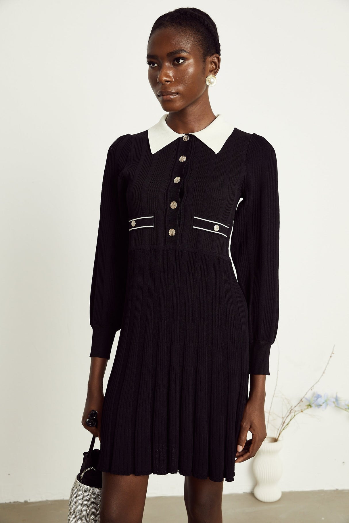 Juliana Mini Dress Black White Ribbed Knit Balloon Sleeve Flare