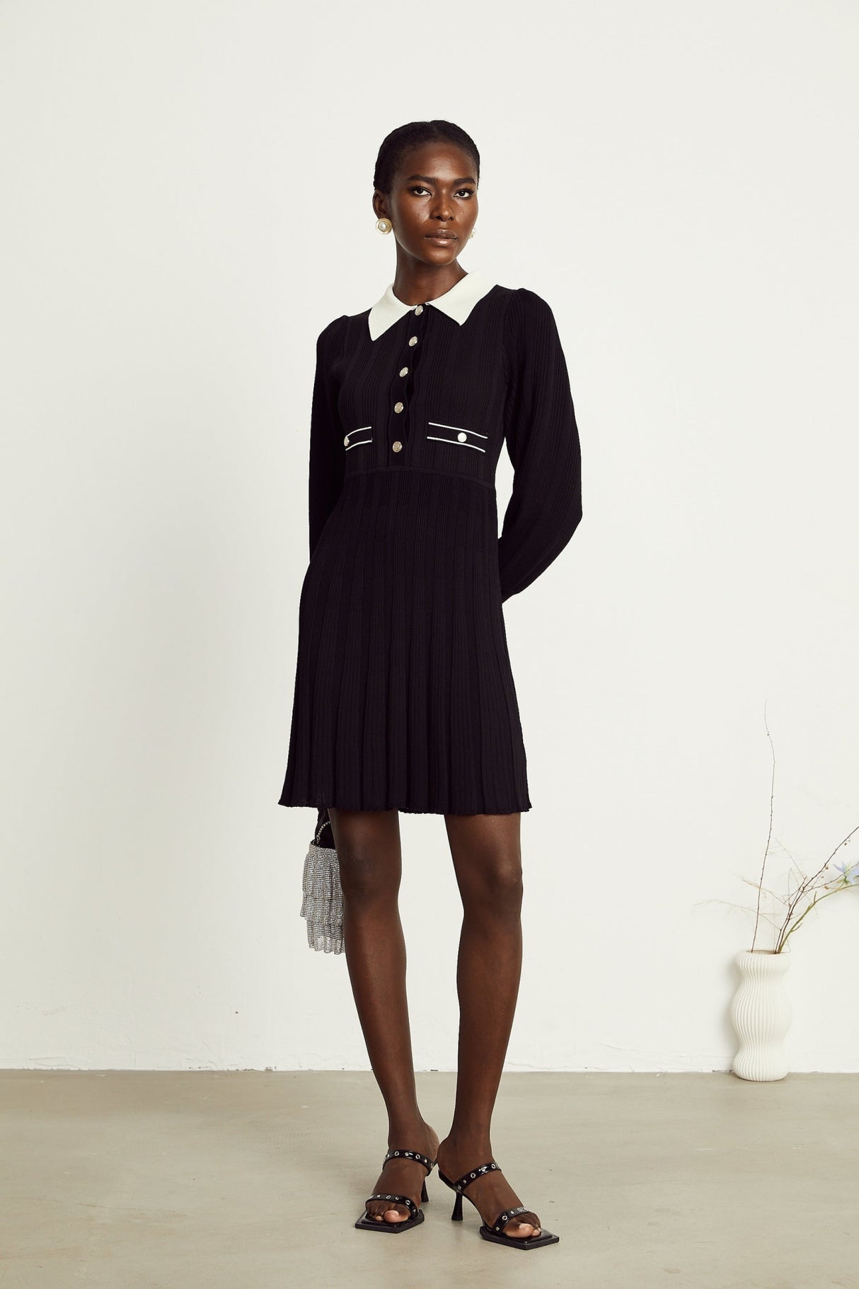 Juliana Mini Dress Black White Ribbed Knit Balloon Sleeve Flare