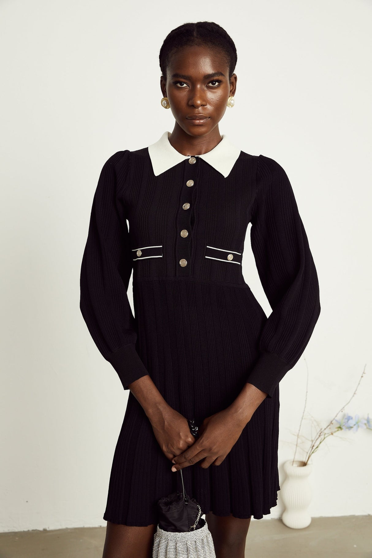 Juliana Mini Dress Black White Ribbed Knit Balloon Sleeve Flare