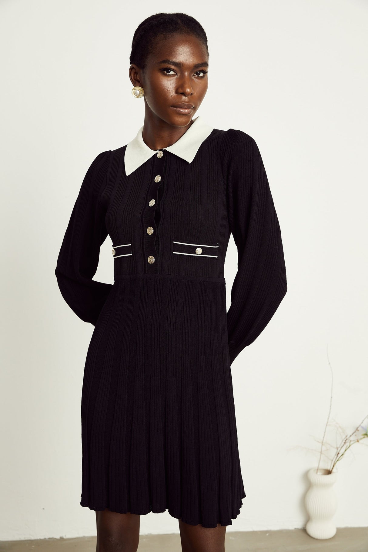 Juliana Mini Dress Black White Ribbed Knit Balloon Sleeve Flare