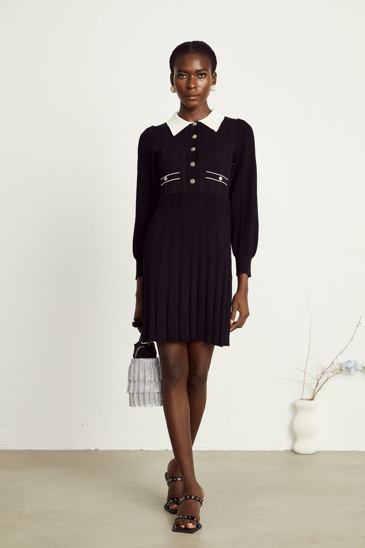 Juliana Mini Dress Black White Ribbed Knit Balloon Sleeve Flare