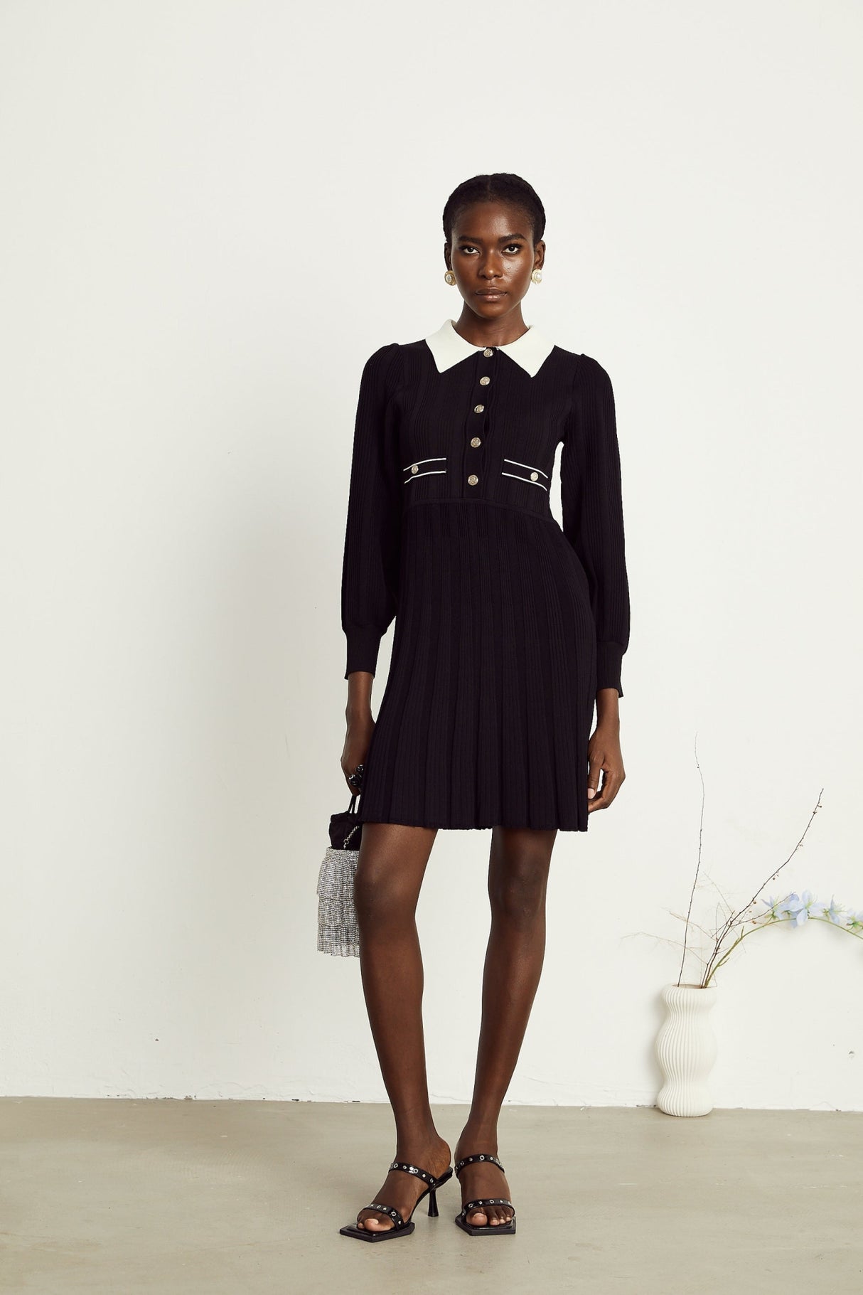 Juliana Mini Dress Black White Ribbed Knit Balloon Sleeve Flare