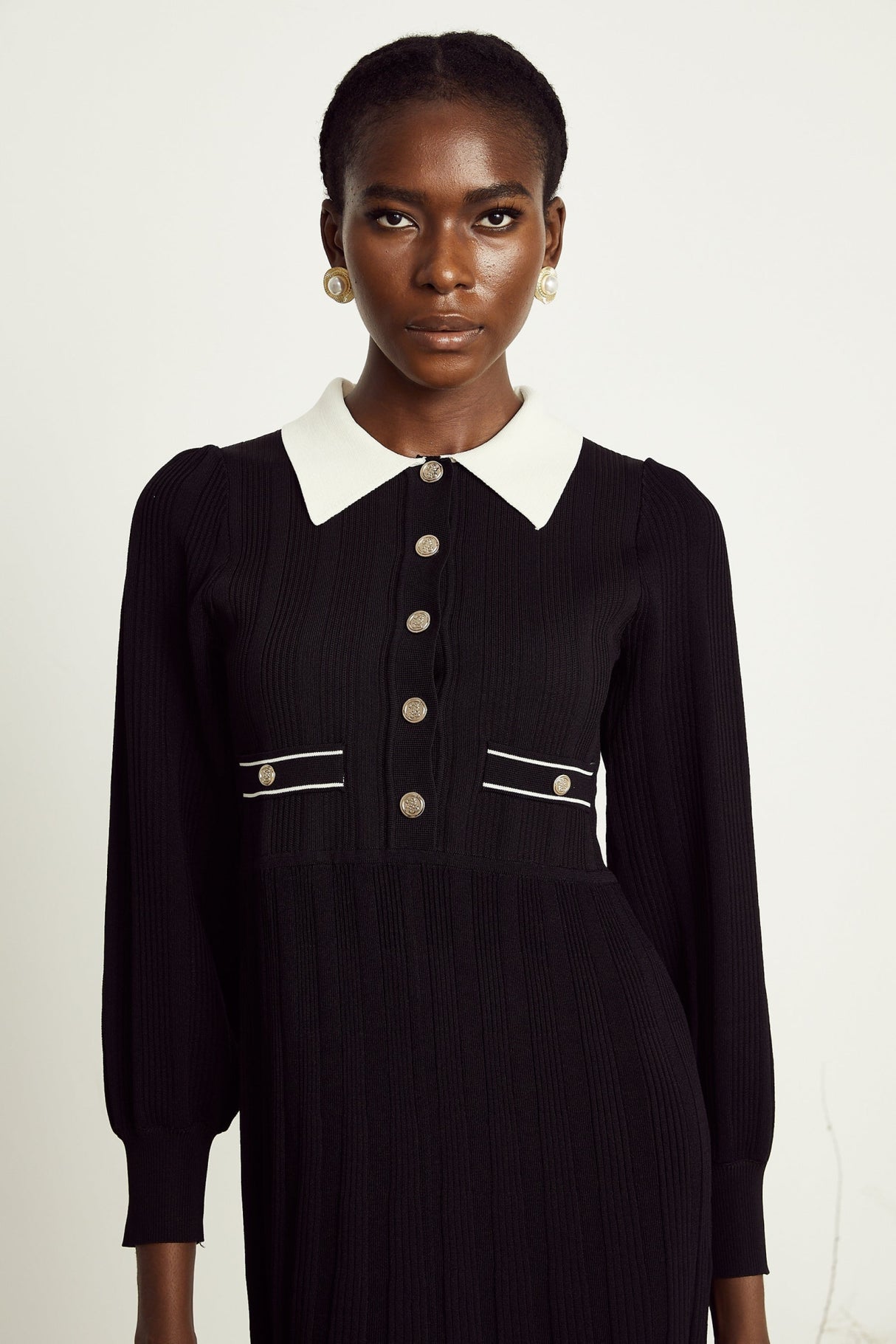 Juliana Mini Dress Black White Ribbed Knit Balloon Sleeve Flare