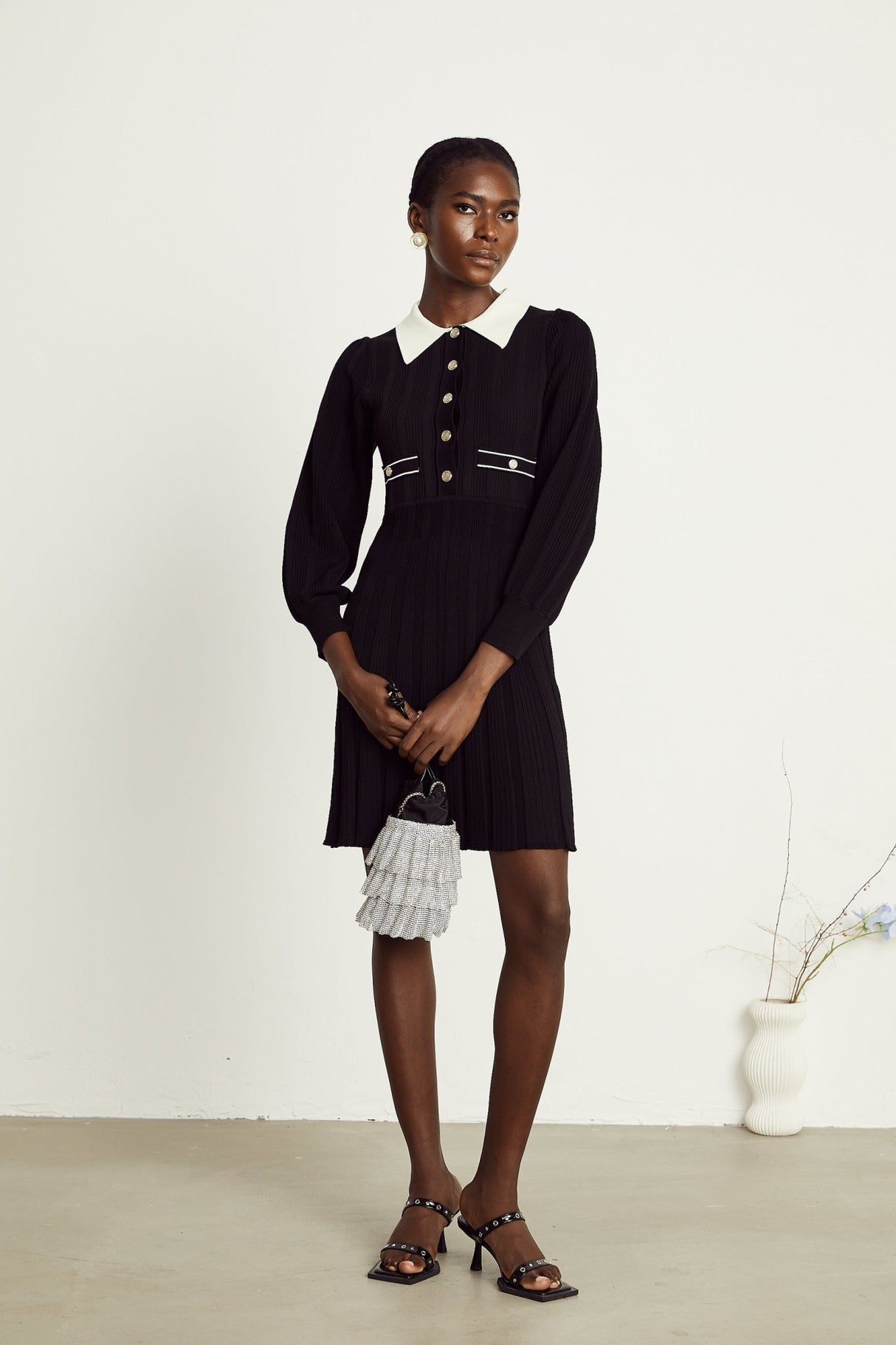 Juliana Mini Dress Black White Ribbed Knit Balloon Sleeve Flare