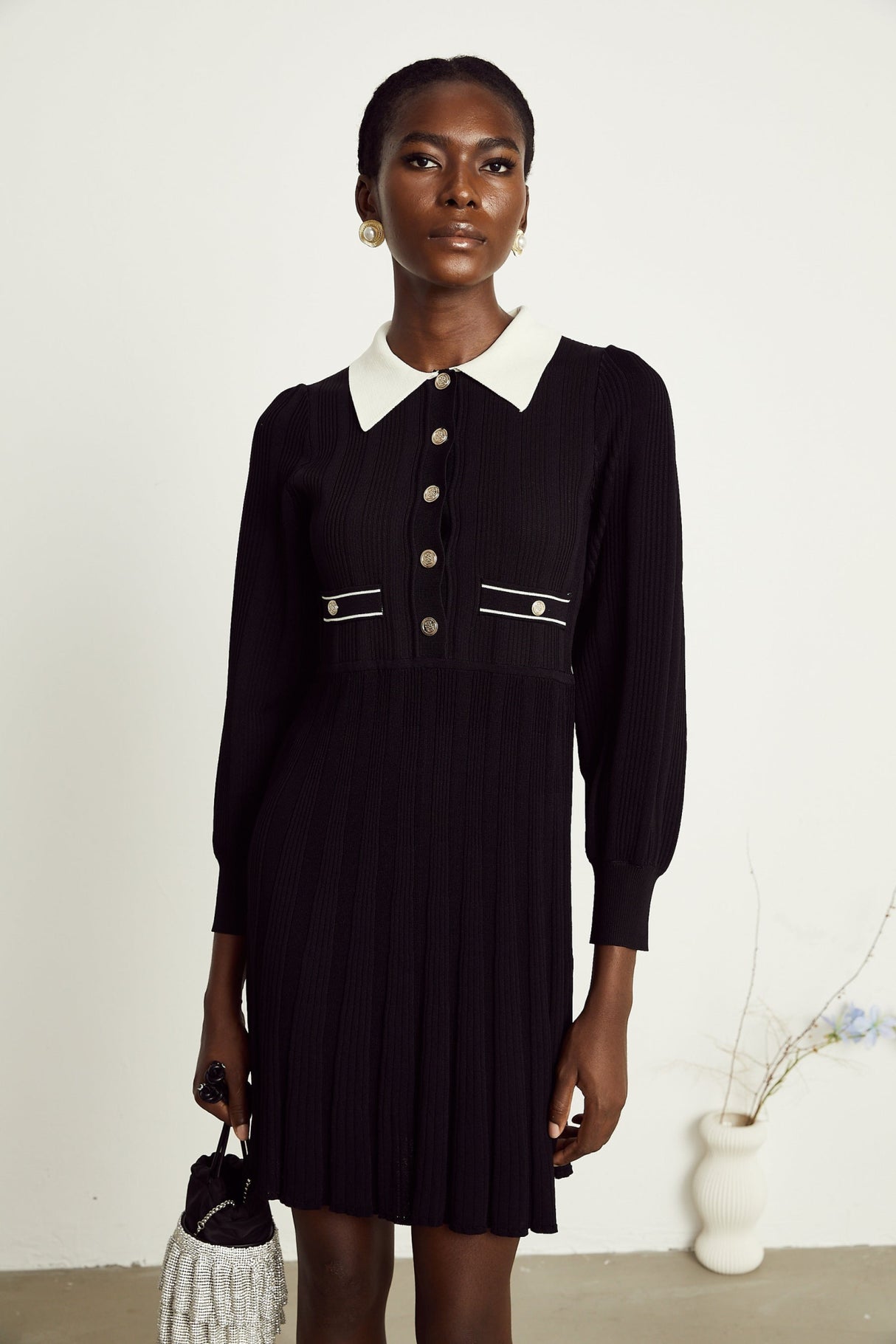 Juliana Mini Dress Black White Ribbed Knit Balloon Sleeve Flare