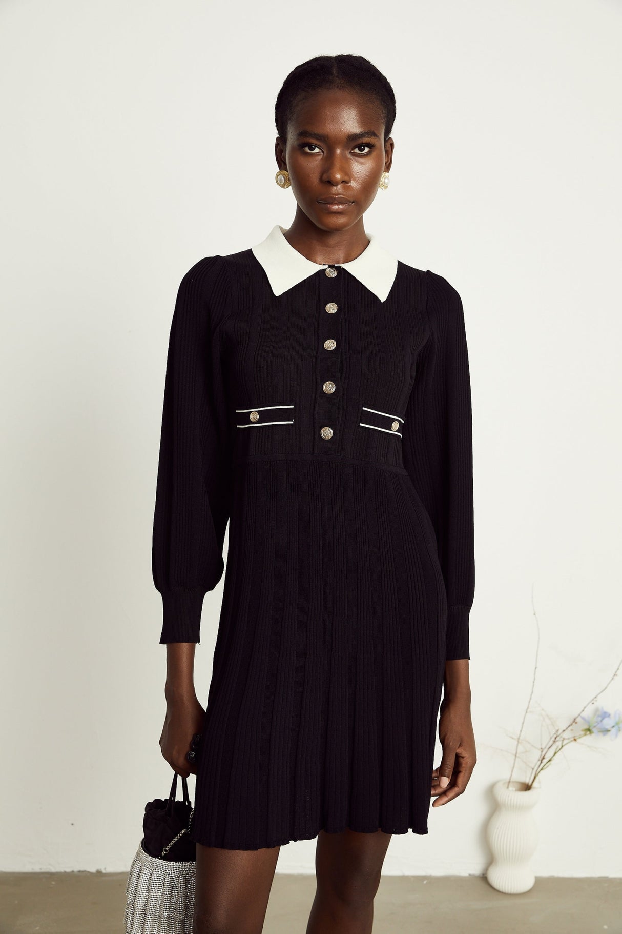 Juliana Mini Dress Black White Ribbed Knit Balloon Sleeve Flare