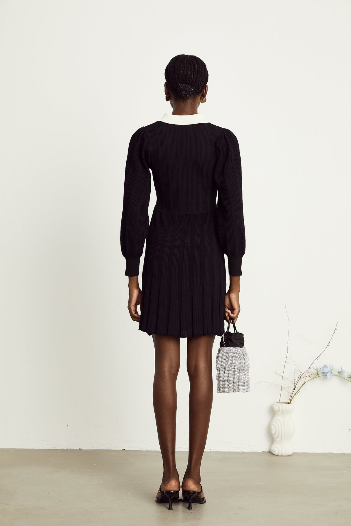 Juliana Mini Dress - Polo Collar - Balloon Sleeves - Ribbed Knit - Faux Pocket Detail - A - Line Skirt