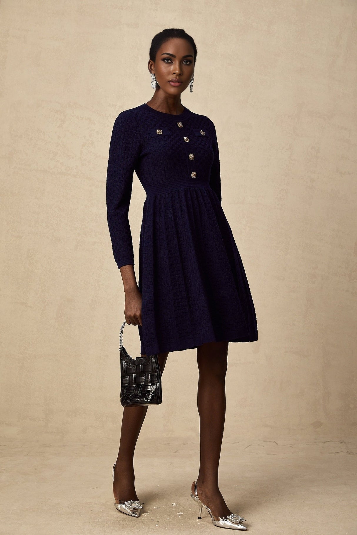 Julianna Mini Dress Navy Basket Weave Knit Pleated Skirt