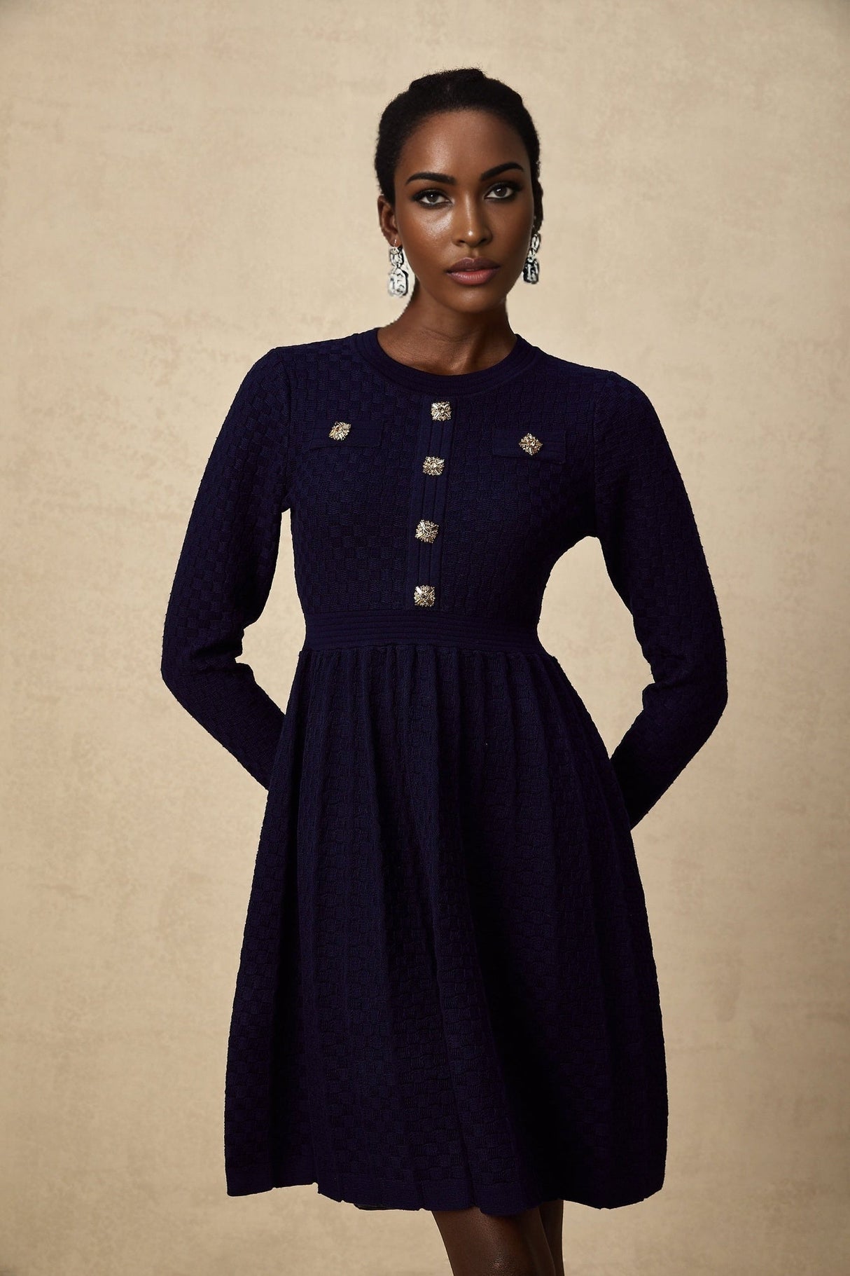 Julianna Mini Dress Navy Basket Weave Knit Pleated Skirt