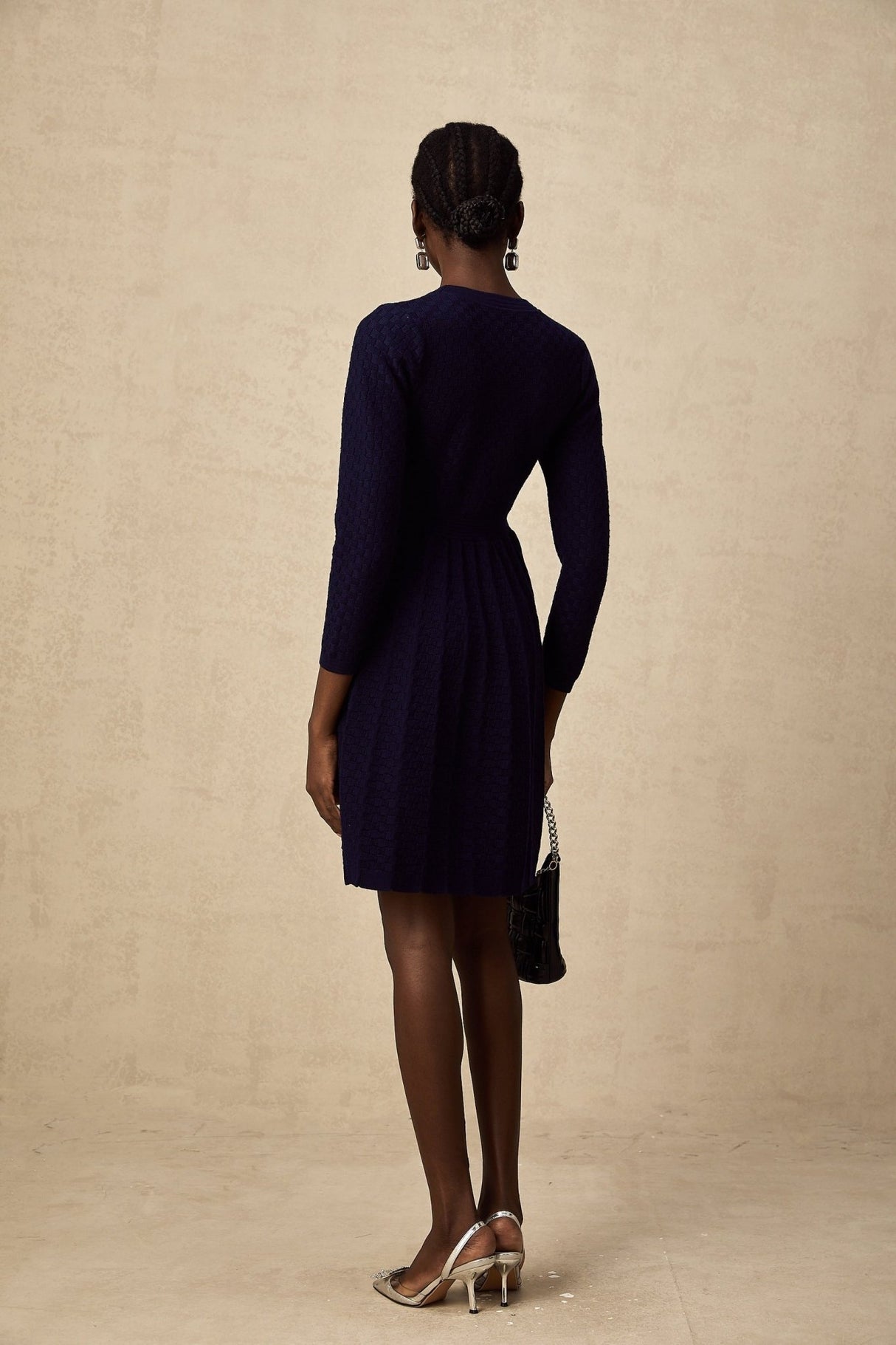 Julianna Mini Dress Navy Basket Weave Knit Pleated Skirt