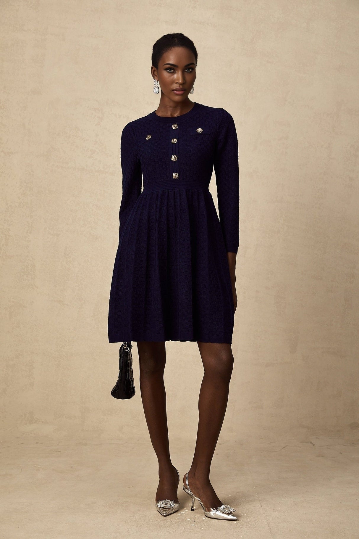 Julianna Mini Dress Navy Basket Weave Knit Pleated Skirt