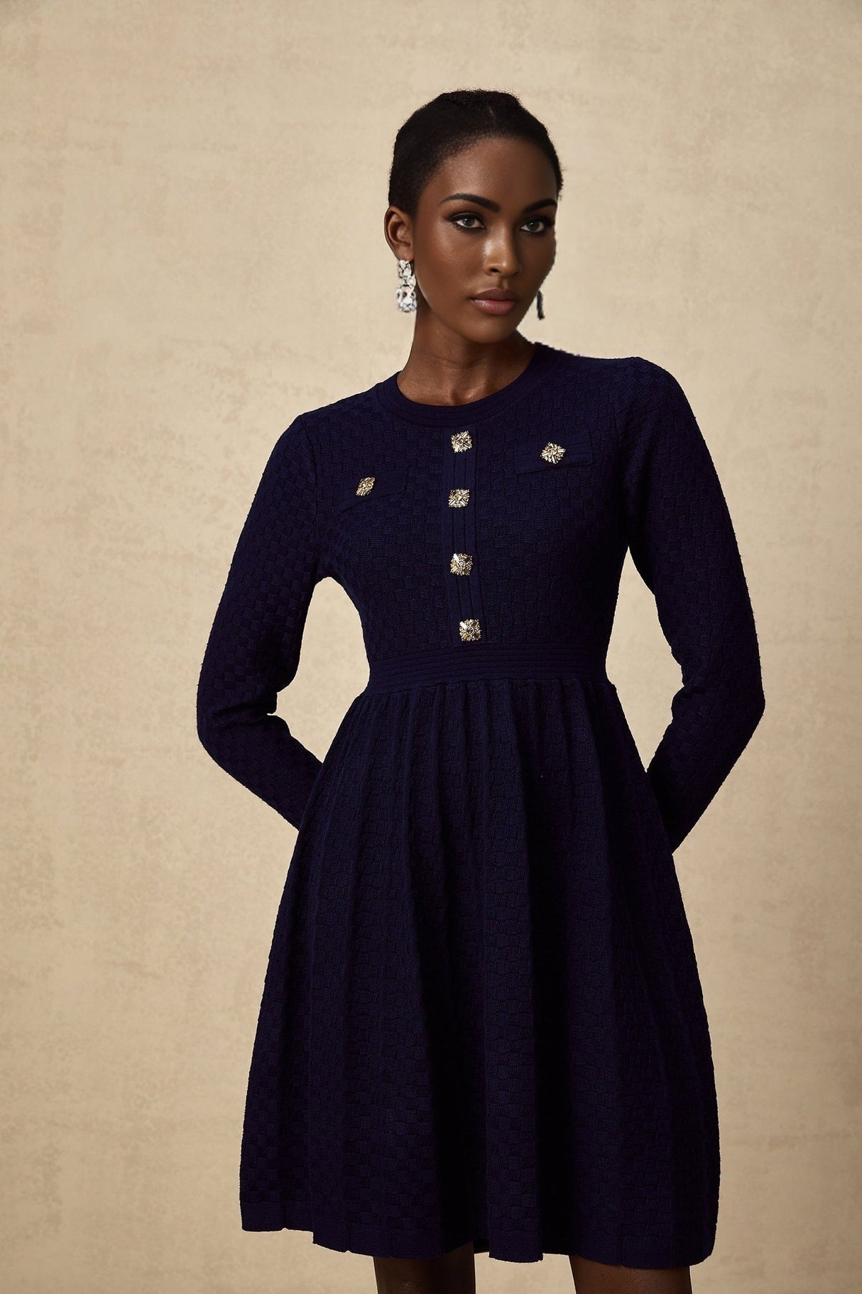 Julianna Mini Dress Navy Basket Weave Knit Pleated Skirt