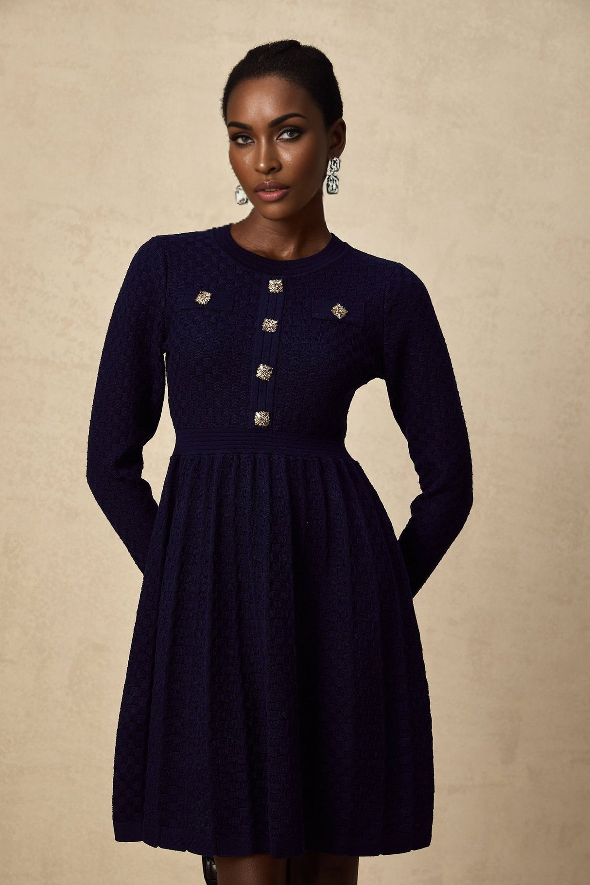 Julianna Mini Dress Navy Basket Weave Knit Pleated Skirt