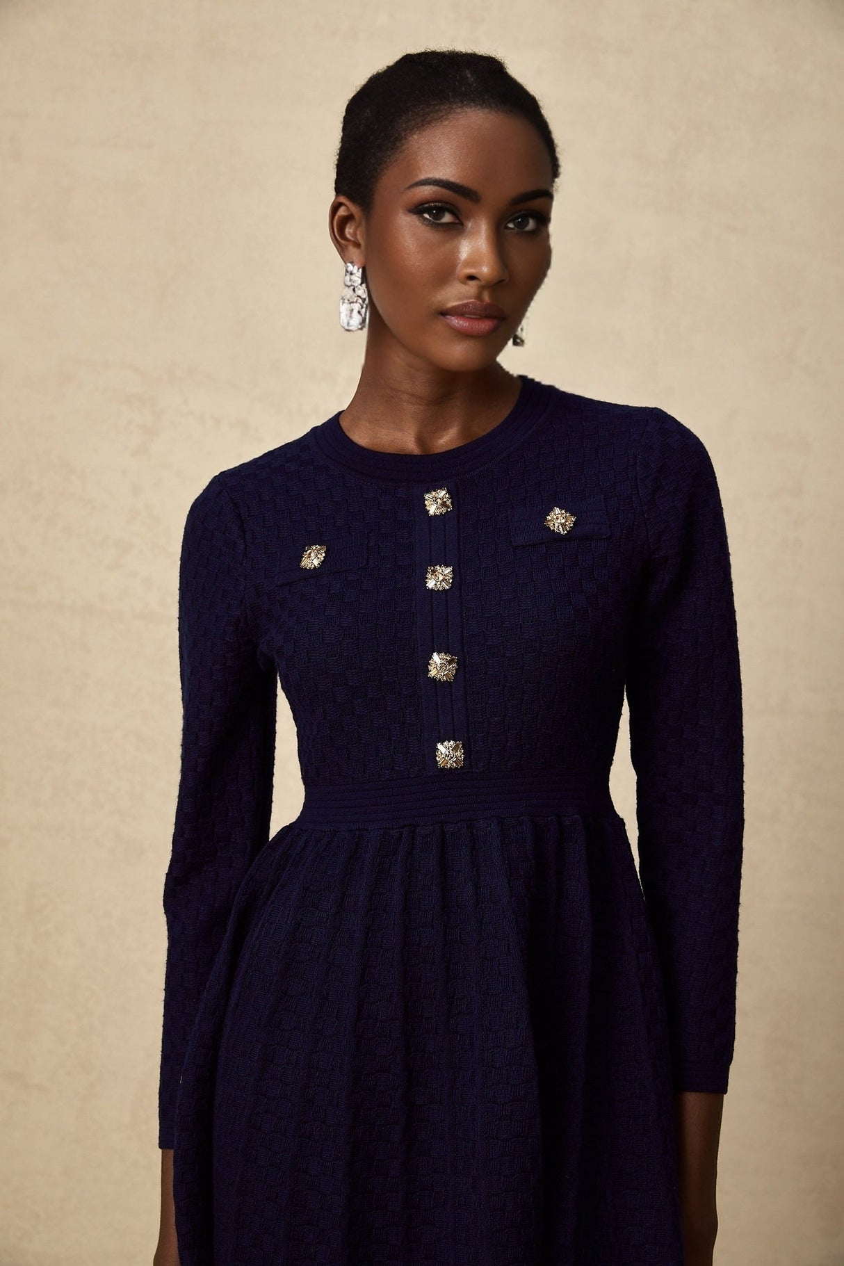 Julianna Mini Dress Navy Basket Weave Knit Pleated Skirt