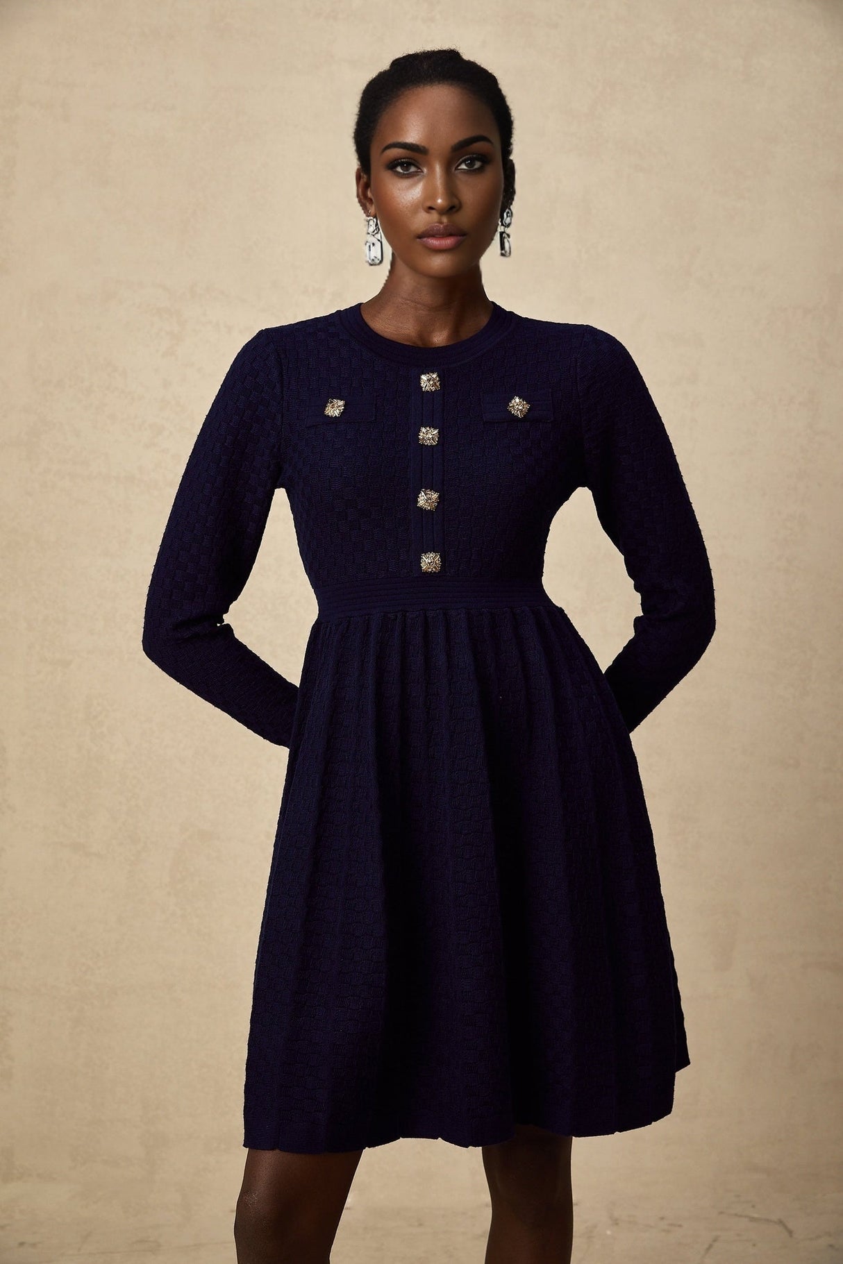 Julianna Mini Dress Navy Basket Weave Knit Pleated Skirt