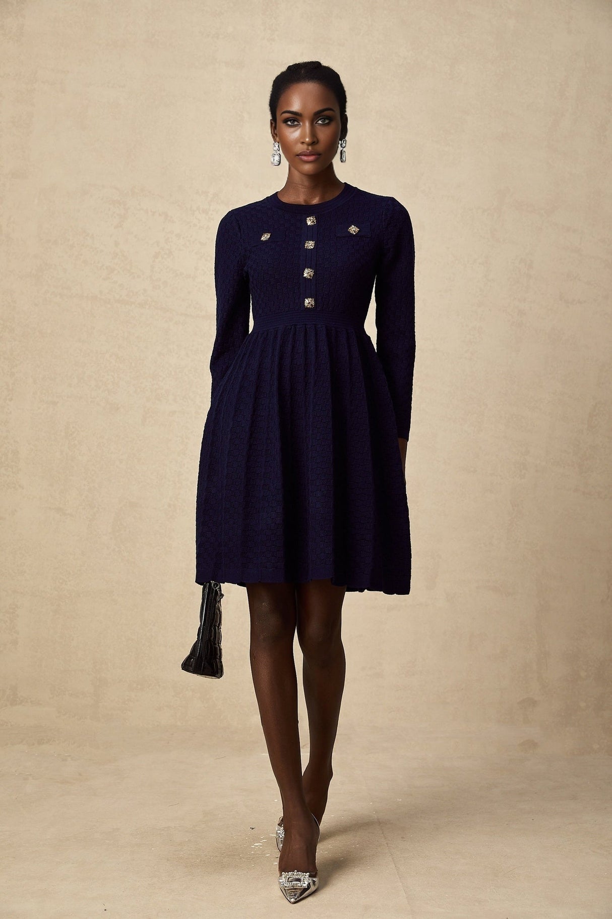 Julianna Mini Dress Navy Basket Weave Knit Pleated Skirt