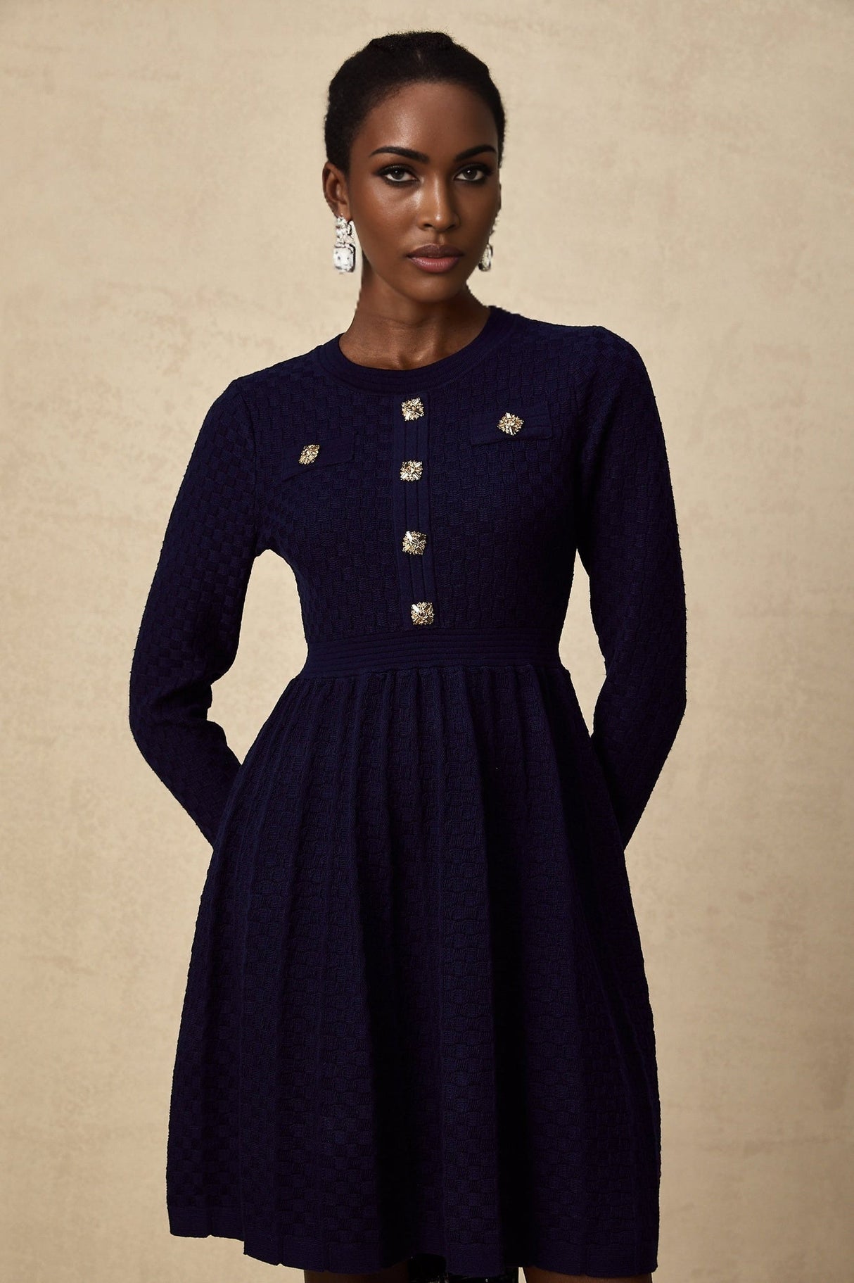 Julianna Mini Dress Navy Basket Weave Knit Pleated Skirt