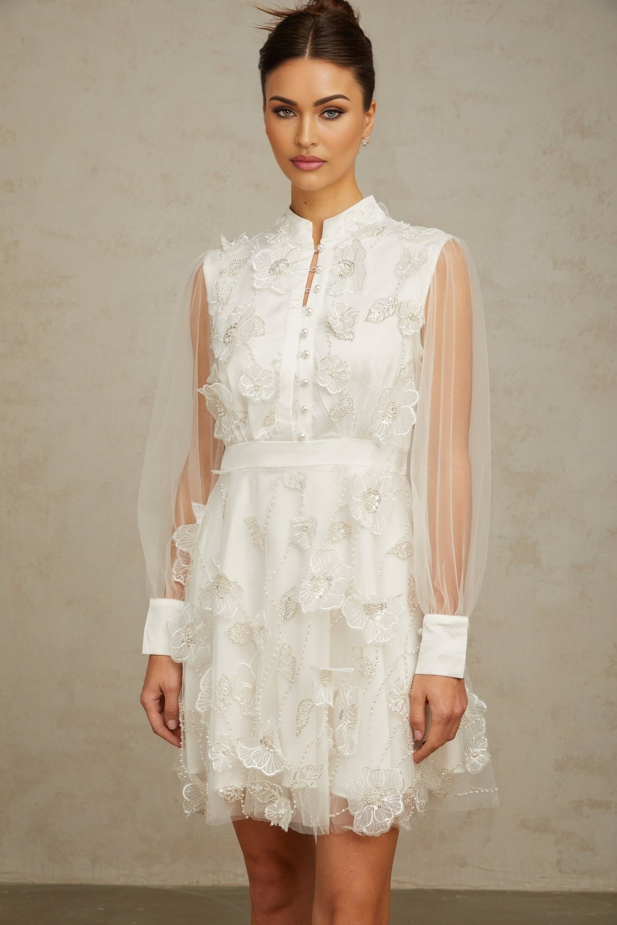 Julianna Mini Dress White Tulle Sequin Pearl Petal Embellishments