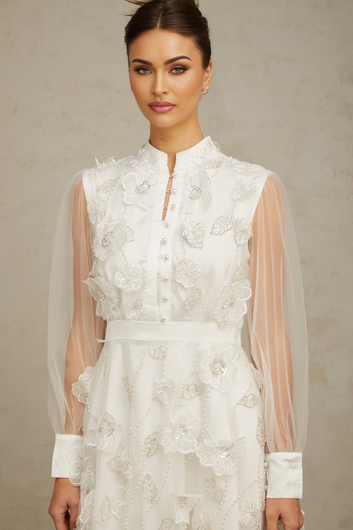 Julianna Mini Dress White Tulle Sequin Pearl Petal Embellishments