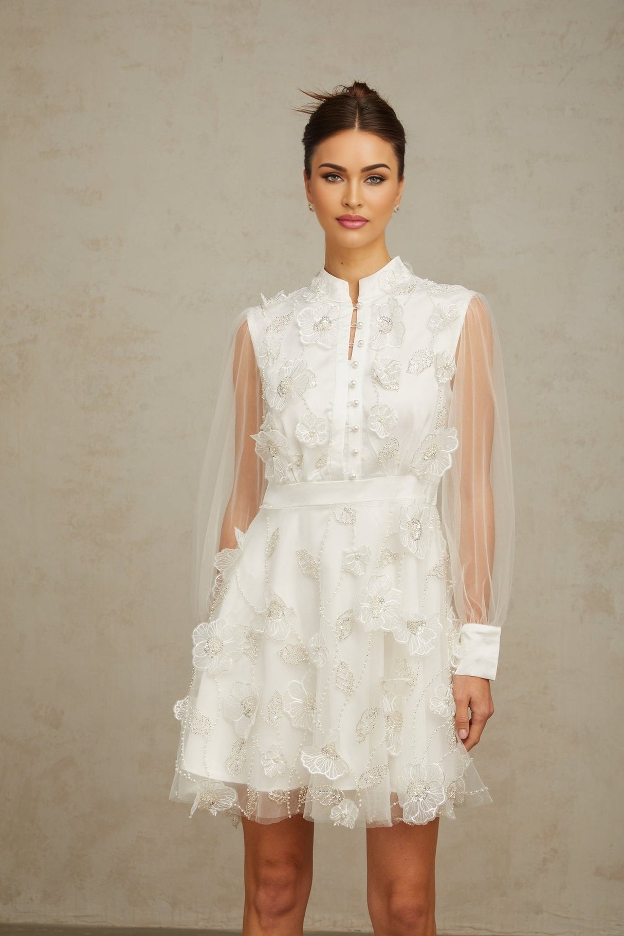 Julianna Mini Dress White Tulle Sequin Pearl Petal Embellishments