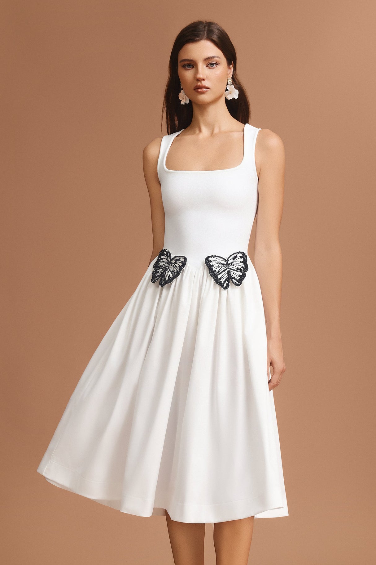 Julianna White Halter Neckline Square Collar Dress with Butterfly Detailing